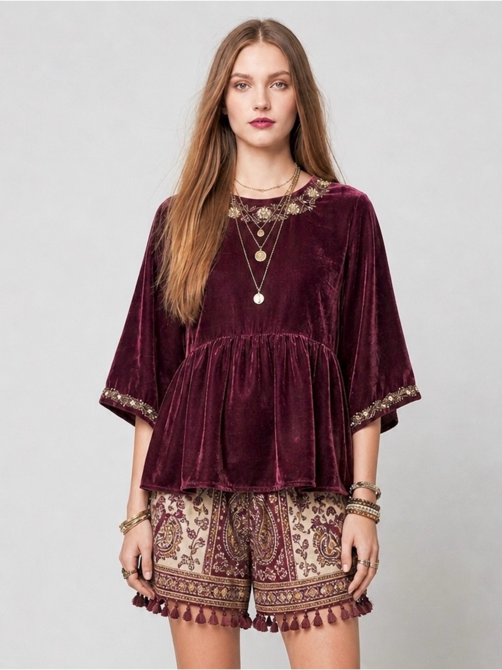 Anthropologie Kavita Bhartia Velvet Peplum Top XS Purple Embroidered Whimsigoth
